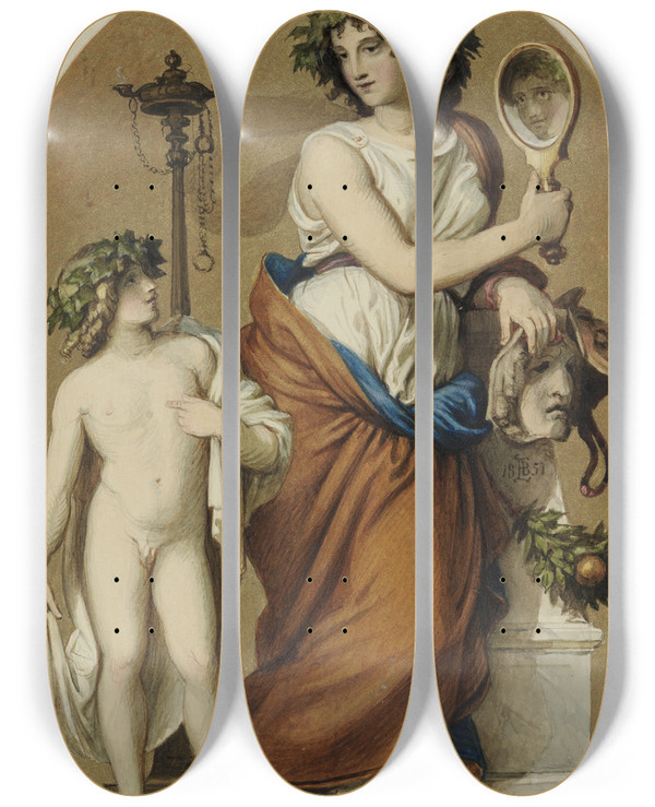 Triptych art skateboard deck of Eduard Julius Friedrich Bendemann Thalia by Eduard Julius Friedrich Bendemann (1811-1889)