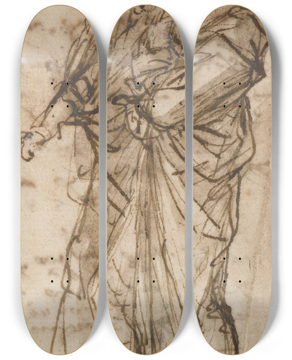 Triptych art skateboard deck of Salvator Rosa Two Standing Figures by Salvator Rosa (1615-1673)