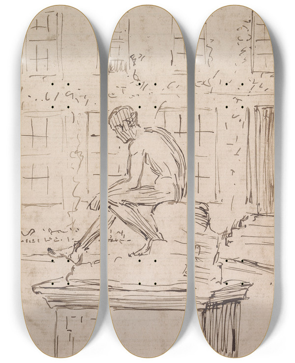 Triptych art skateboard deck of Charles Samuel Keene Sketchbook Drawing_4 by Charles Samuel Keene (1823-1891)