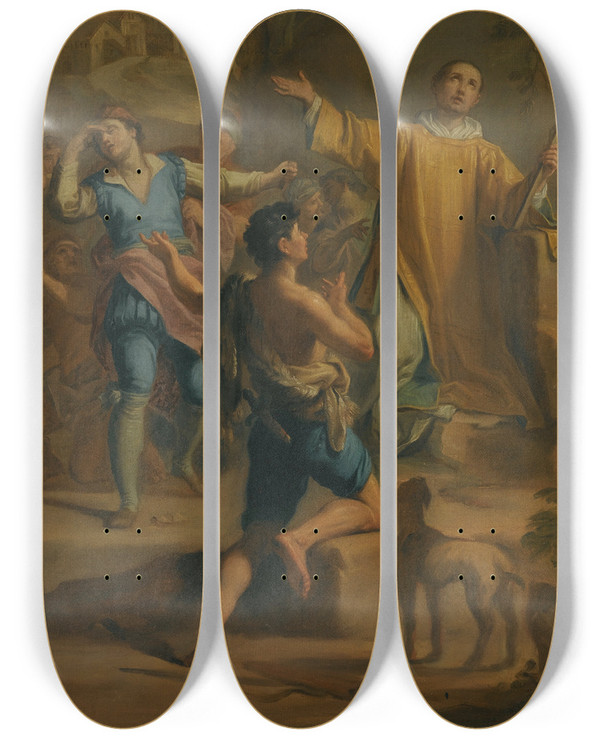 Triptych art skateboard deck of Jacopo Alessandro Calvi An Outdoor Scene With A Saint In Ecstatic Rapture Surrounded By Devotees by Jacopo Alessandro Calvi (1740-1815)