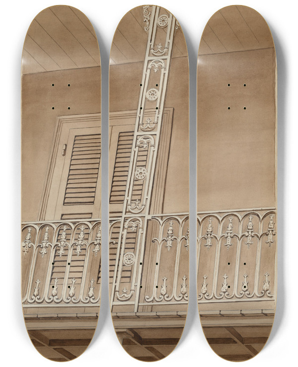 Triptych art skateboard deck of Lucien Verbeke Cast Iron Balcony by Lucien Verbeke