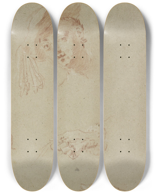 Triptych art skateboard deck of Nicolas Lancret Head And Two Hands by Nicolas Lancret (1690-1743)