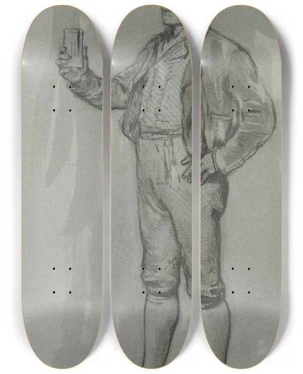 Triptych art skateboard deck of Benjamin Vautier Bauer Mit Zutrinkendem Gestus Aus Der Tanzpause by Benjamin Vautier (1829-1898)