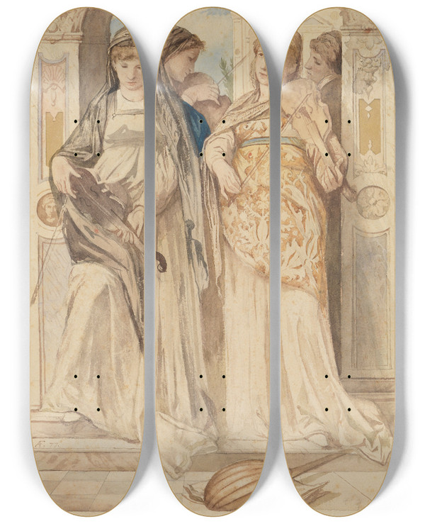 Triptych art skateboard deck of Anselm Feuerbach Das Konzert by Anselm Feuerbach (1829-1880)