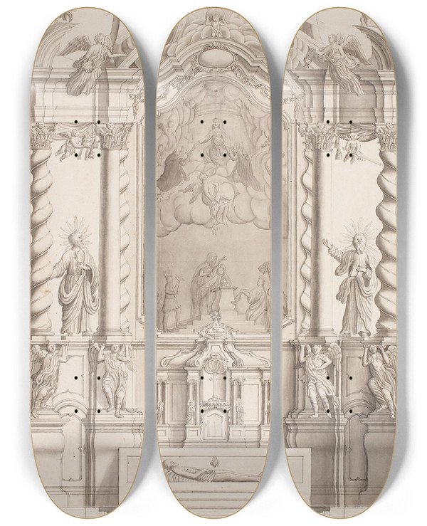 Triptych art skateboard deck of Simon Hueter Entwurf Fr Einen Barocken Hochaltar by Simon Hueter