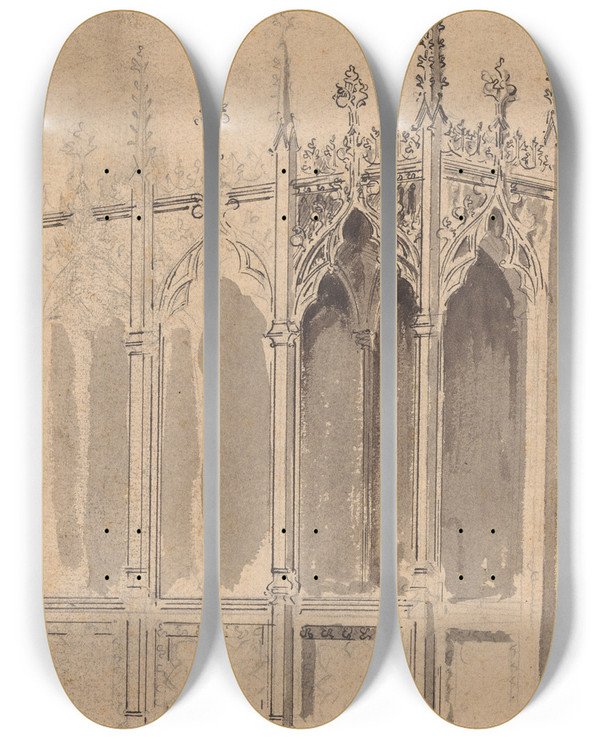 Triptych art skateboard deck of Augustus Pugin Design For A Gothic Screen by Augustus Pugin (1812-1852)