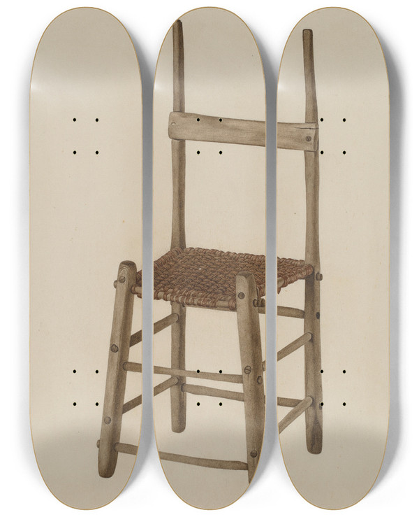 Triptych art skateboard deck of Dorothy Johnson Rope Bottom Chair by Dorothy Johnson