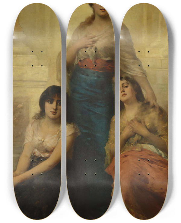 Triptych art skateboard deck of Nathaniel Sichel Three Beauties by Nathaniel Sichel (1843-1907)