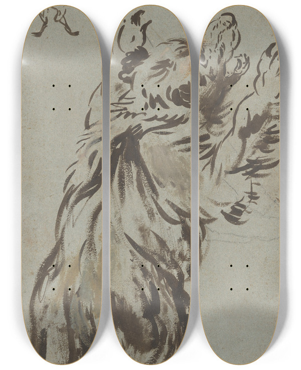 Triptych art skateboard deck of Leonaert Bramer Studies Of A Bear by Leonaert Bramer (1596-1674)