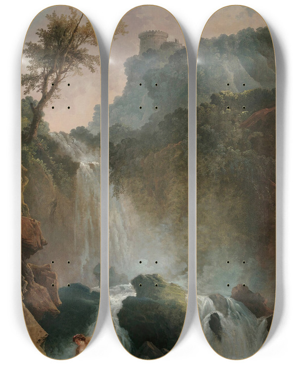 Triptych art skateboard deck of Hubert Robert La Cascade by Hubert Robert (1733-1808)