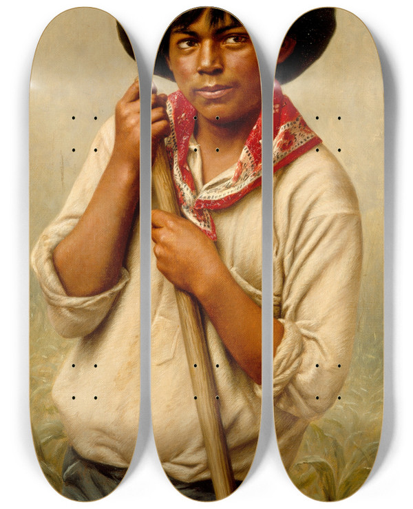 Triptych art skateboard deck of Grace Carpenter Hudson Powley Young Man Hoeing Corn by Grace Carpenter Hudson (1865-1937)