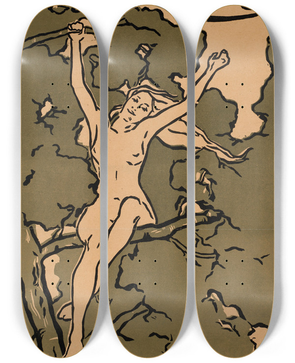 Triptych art skateboard deck of Florence Lundborg The Lark For May by Florence Lundborg (1871-1949)