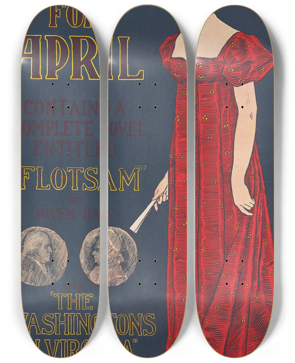Triptych art skateboard deck of Joseph Gould Lippincotts For April by Joseph Gould (1880-1935)