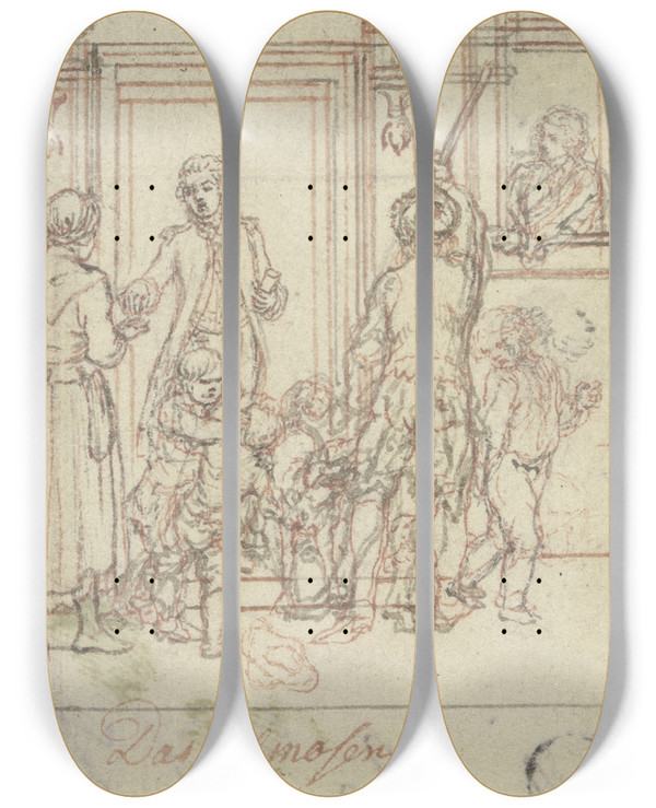 Triptych art skateboard deck of Daniel Nikolaus Chodowiecki Das Almosen by Daniel Nikolaus Chodowiecki (1726-1801)