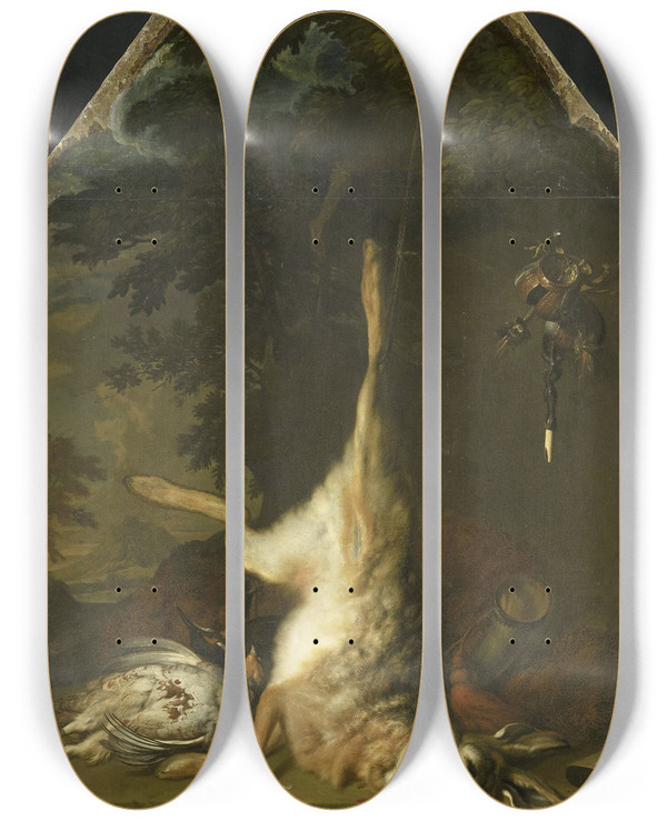 Triptych art skateboard deck of Dirk Valkenburg Still Life With Dead Hare And Partridges by Dirk Valkenburg (1675-1721)
