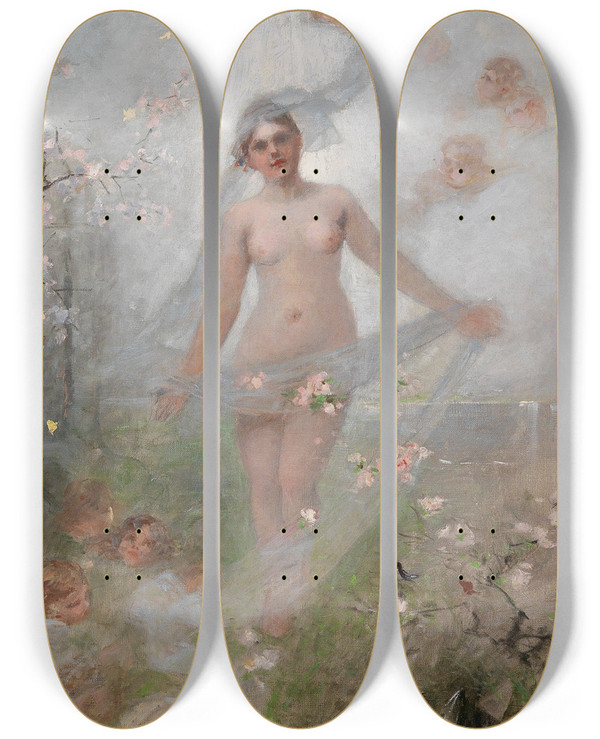 Triptych art skateboard deck of Alexander Koester Springtime by Alexander Koester (1864-1932)