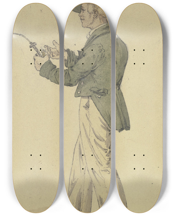 Triptych art skateboard deck of Jakob Frchtegott Dielmann Sachsenhuser Mit Einer Pfeife In Der Hand Nach Links Gewendet by Jakob Furchtegott Dielmann (1809-1885)
