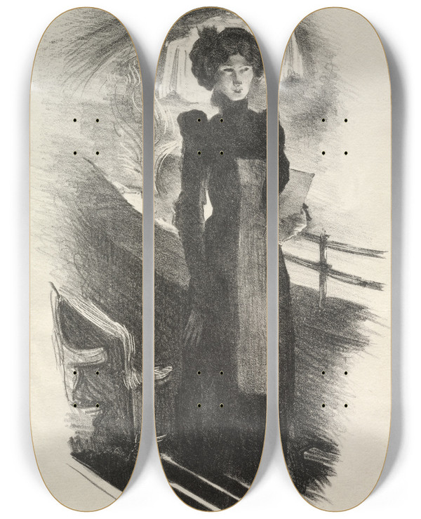Triptych art skateboard deck of John Copley The Programme Seller by John Copley (1875-1950)