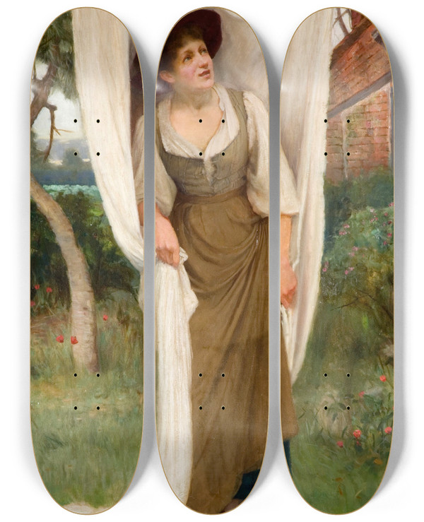 Triptych art skateboard deck of John Scott Laundress Startled By A Blackbird by John Scott (1850-1919)