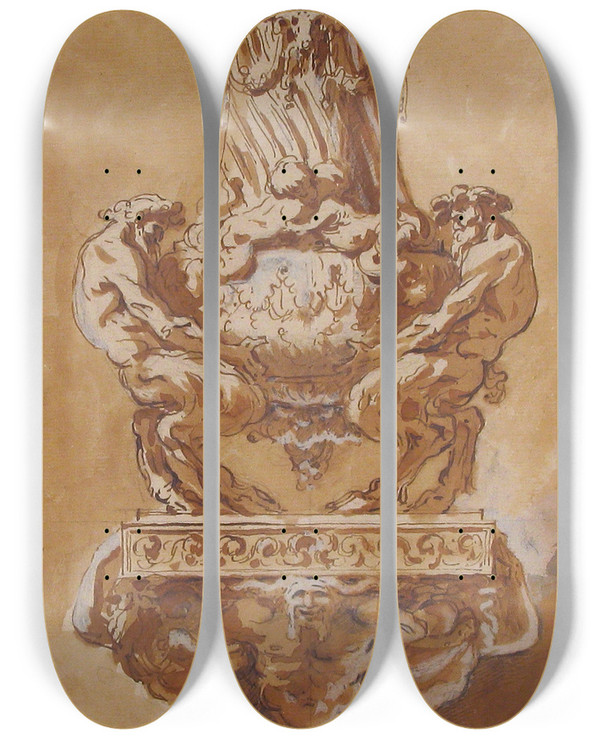 Triptych art skateboard deck of Augustin Pajou Design For A Vase And Supporting Console by Augustin Pajou (1730-1809)