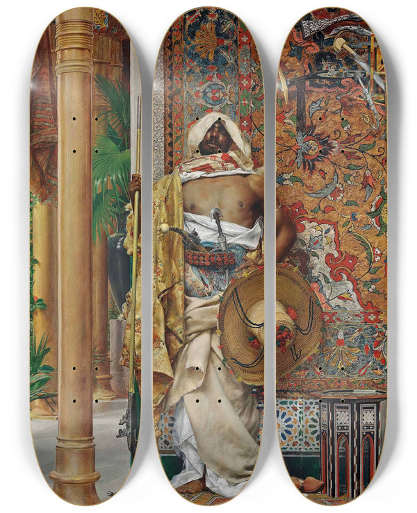 Triptych art skateboard deck of Antonio Fabrs The Guard by Antonio Fabres (1854-1938)