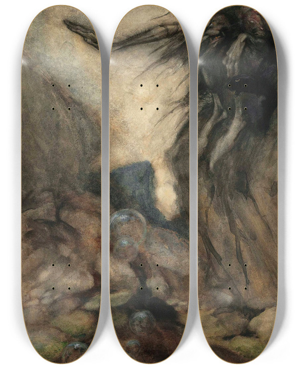 Triptych art skateboard deck of Arthur Rackham The Witchs Pool by Arthur Rackham (1867-1939)
