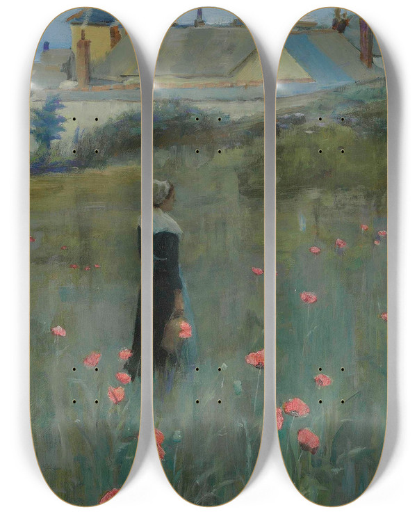 Triptych art skateboard deck of Norman Garstin Poppies by Norman Garstin