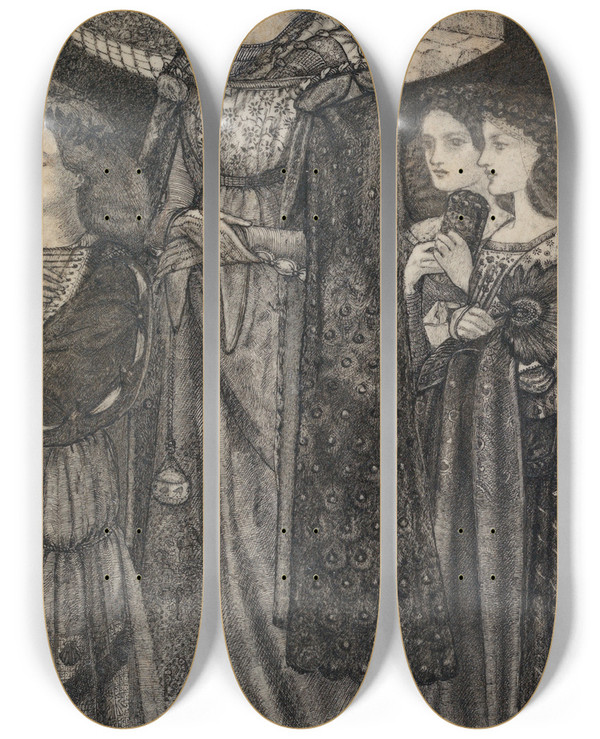 Triptych art skateboard deck of Sir Edward Coley Burnejones Alice La Belle Plerine by Sir Edward Coley Burne-Jones (1833-1898)