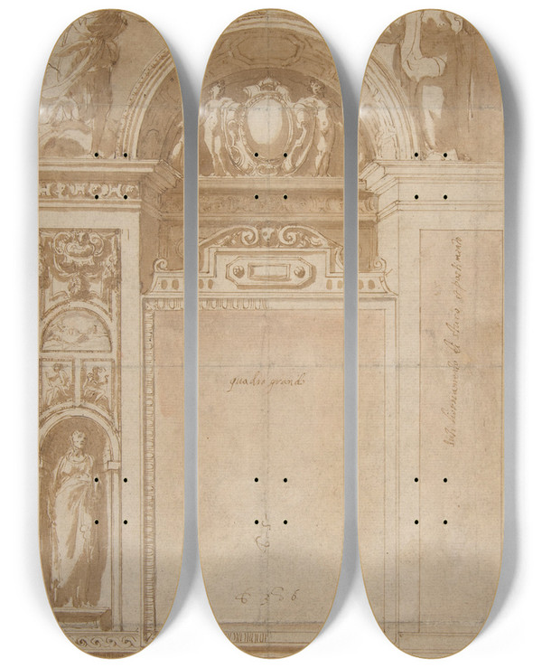Triptych art skateboard deck of Cristoforo Roncalli Design For A Reredos Or Frame And Setting For An Altar Painting by Cristoforo Roncalli (1552-1626)