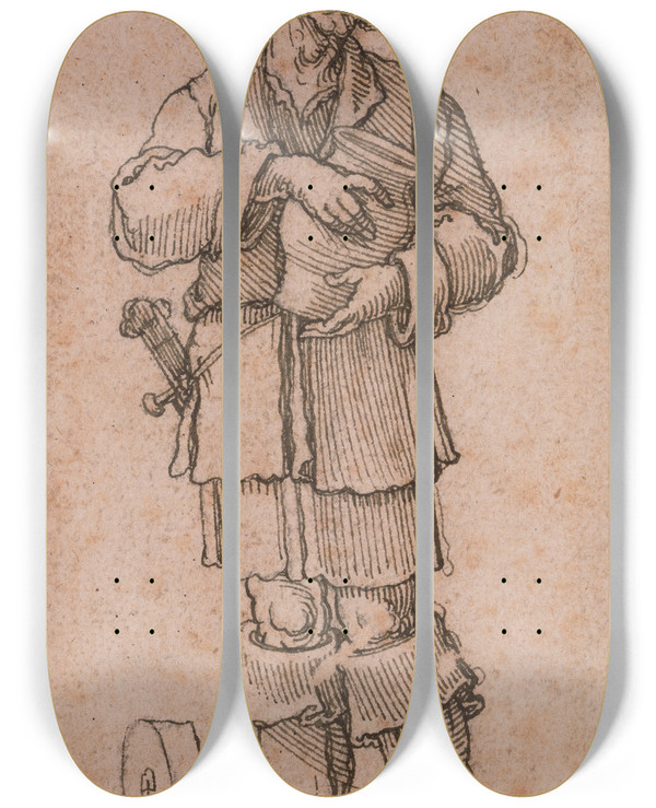 Triptych art skateboard deck of Sebald Beham A Young Peasant Holding A Jar by Sebald Beham (1500-1550)