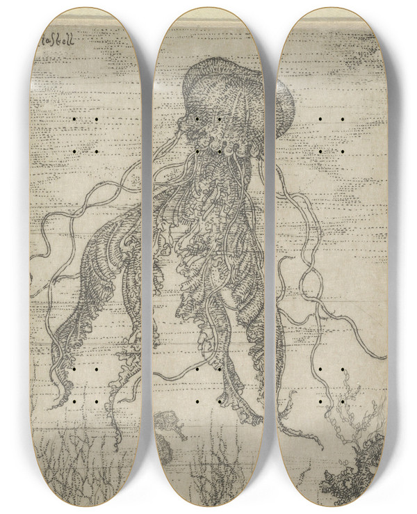 Triptych art skateboard deck of Ernest Haskell Ex Libris Margaret Sargent Whitney by Ernest Haskell (1876-1925)