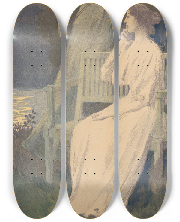 Triptych art skateboard deck of Fa Gorguet Andante Nocturne by F.-A. Gorguet (1862-1927)