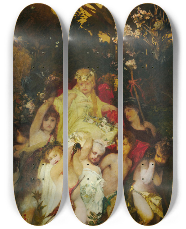 Triptych art skateboard deck of Hans Makart Modern Amoretti_1 by Hans Makart (1840-1884)