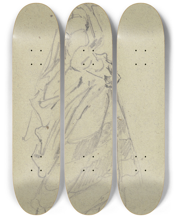 Triptych art skateboard deck of Philipp Rumpf Stehende Frau Ihr Gewand Raffend by Philipp Rumpf (1821-1896)