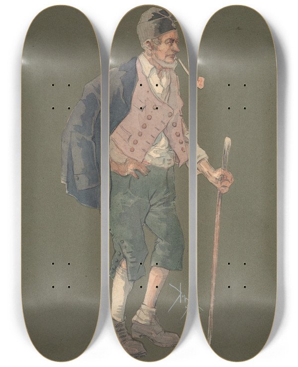 Triptych art skateboard deck of Pipein Gamba Zio Blasi by Pipein Gamba (1868-1954)
