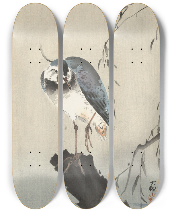 Triptych art skateboard deck of Ohara Koson Lapwing On Tree Stump by Ohara Koson (1877-1945)