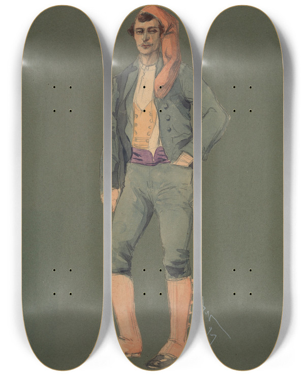 Triptych art skateboard deck of Pipein Gamba Contadino Corista by Pipein Gamba (1868-1954)