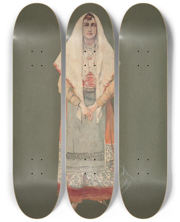 Triptych art skateboard deck of Pipein Gamba Contadina_2 by Pipein Gamba (1868-1954)