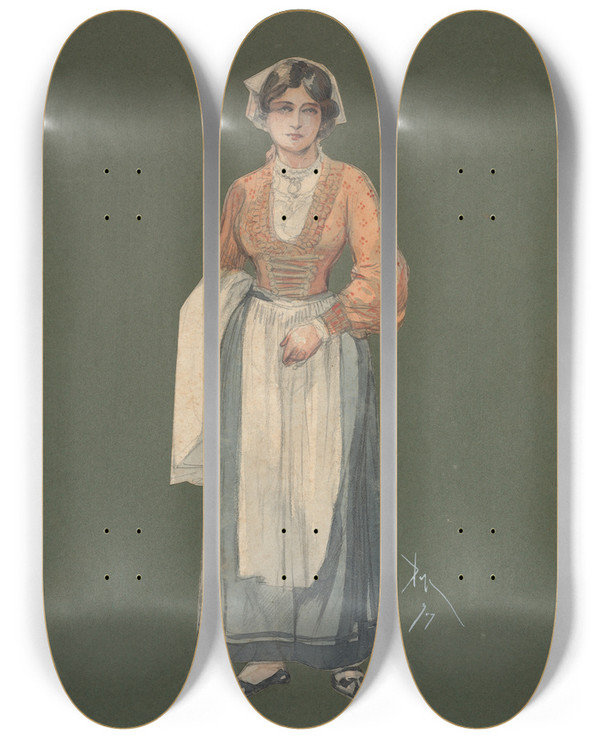 Triptych art skateboard deck of Pipein Gamba Giovane Donna by Pipein Gamba (1868-1954)