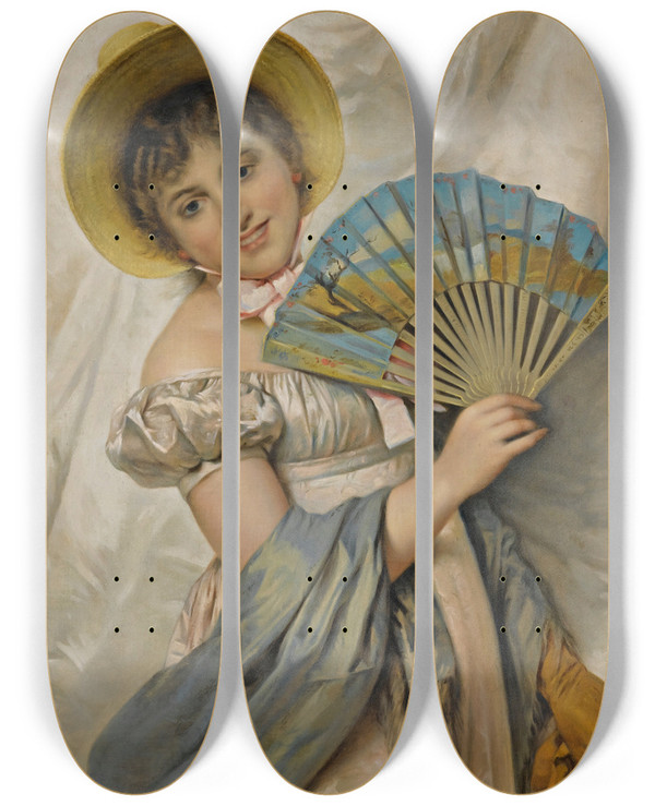 Triptych art skateboard deck of Giovanni Costa Her New Fan by Giovanni Costa (1826-1903)