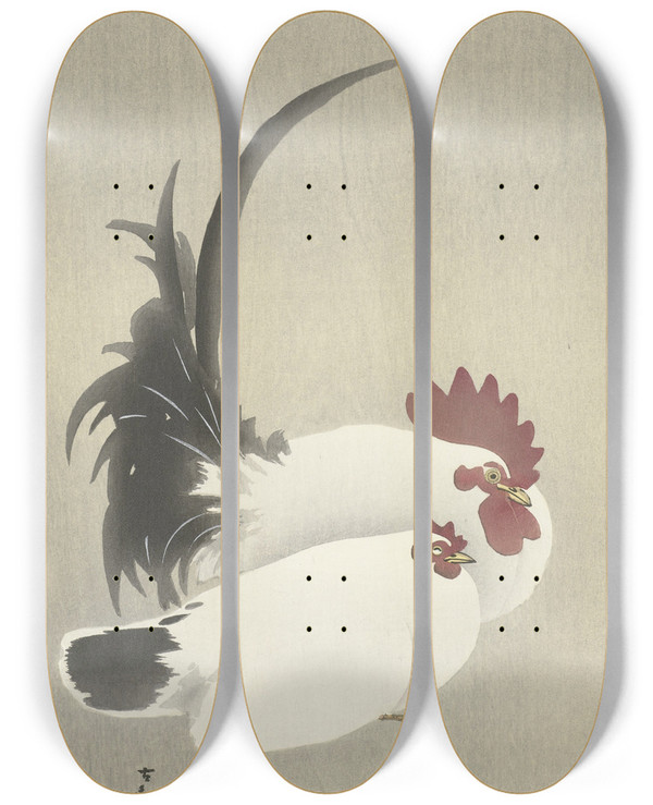 Triptych art skateboard deck of Ohara Koson Rooster And Hen by Ohara Koson (1877-1945)