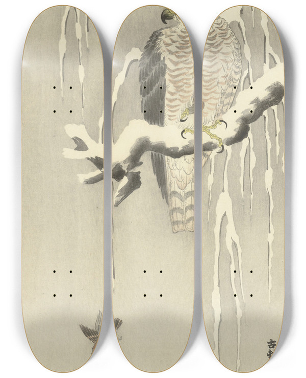 Triptych art skateboard deck of Ohara Koson Hawk With Captive Tree Sparrow by Ohara Koson (1877-1945)