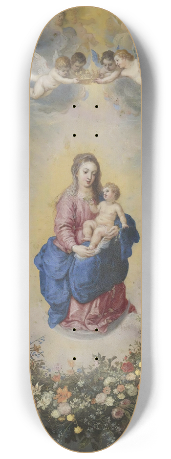 Jan Brueghel The Elder - The Virgin And Child Encircled By A Garland Of Flowers Held Aloft Bycherubs 8.25 inch art skate deck