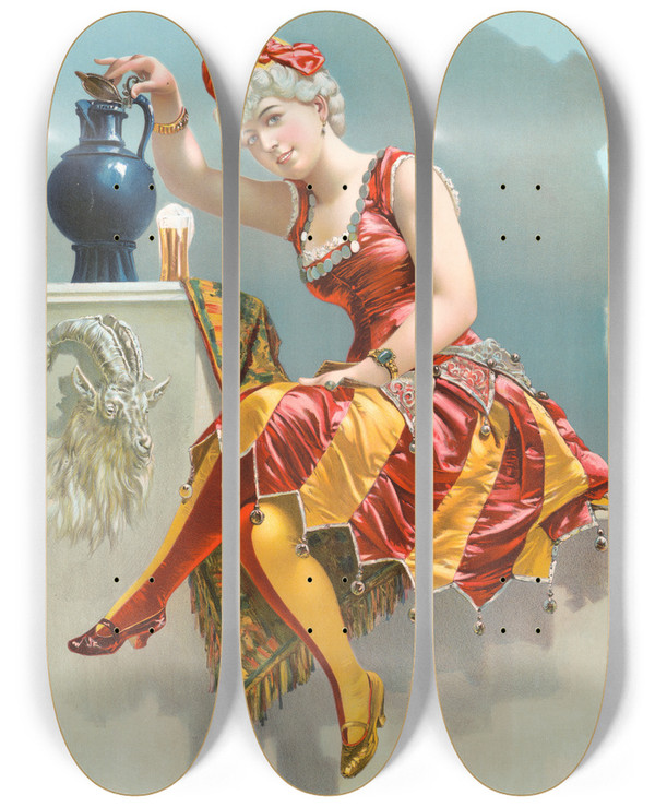 Triptych art skateboard deck of Henry Jerome Schile Bock Beer Carnival No 136 by Henry Jerome Schile (1829-1901)