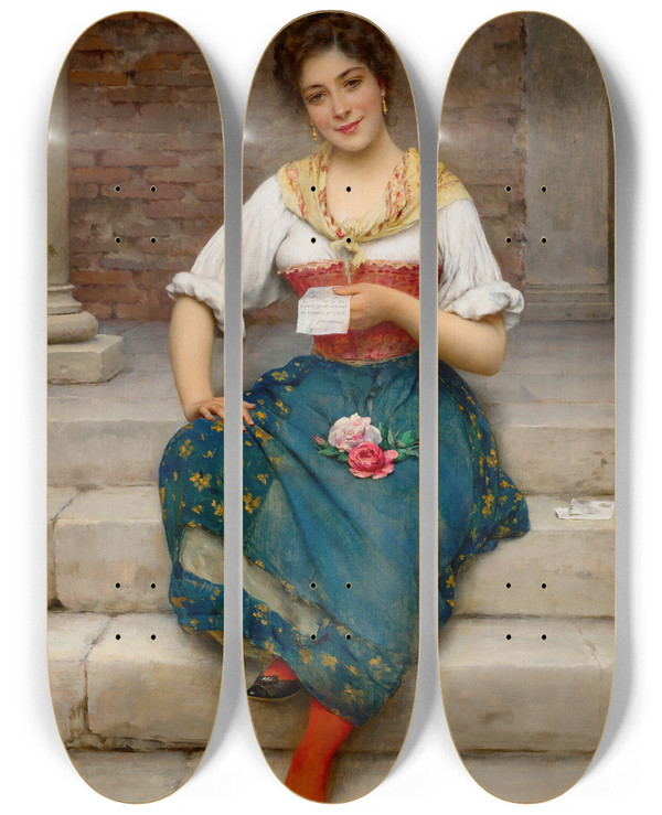 Triptych art skateboard deck of Eugen Von Blaas The Love Letter_2 by Eugen Von Blaas (1843-1931)