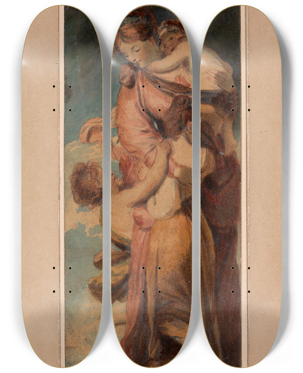 Triptych art skateboard deck of Edward Francis Burney Charity by Edward Francis Burney (1760-1848)