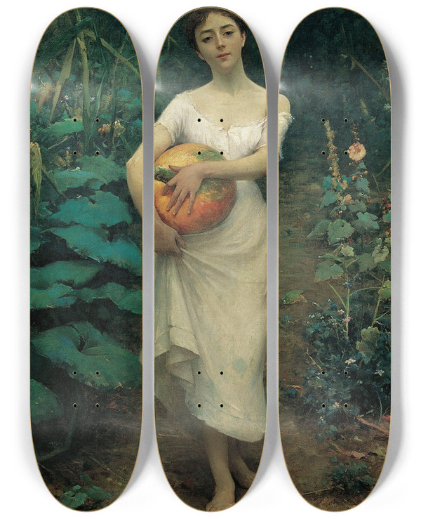 Triptych art skateboard deck of Fausto Zonaro Young Girl Carrying A Pumpkin by Fausto Zonaro (1854-1929)