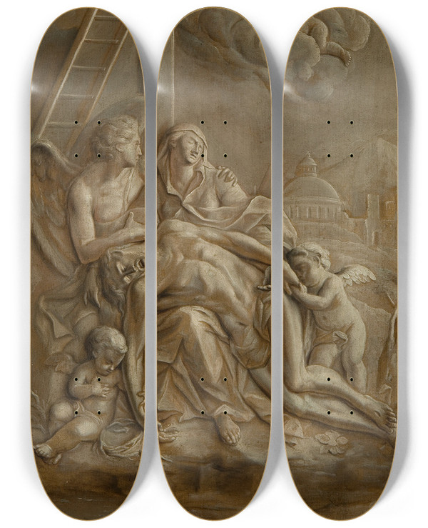 Triptych art skateboard deck of Jakob Kellner Beweinung Christi by Jakob Kellner (1775)