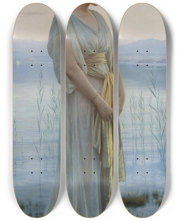 Triptych art skateboard deck of Max Nonnenbruch Evening By The Lake by Max Nonnenbruch (1857-1922)