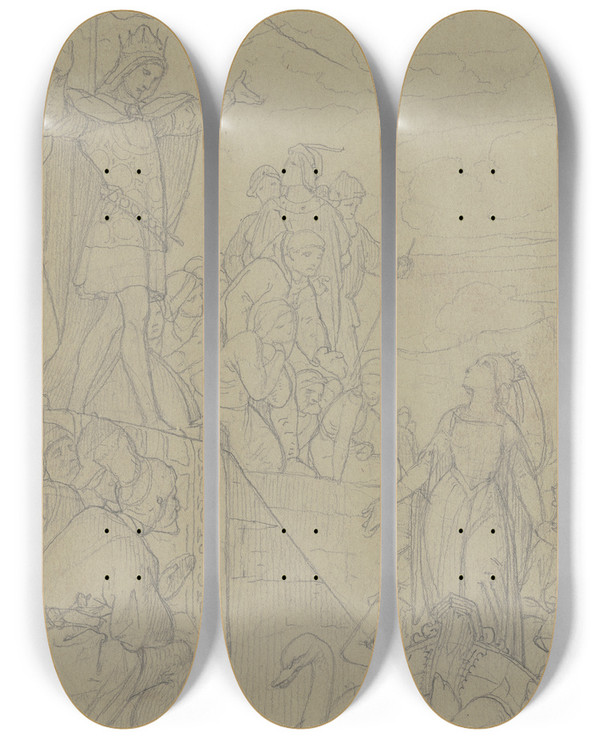 Triptych art skateboard deck of Eduard Von Steinle Ameleyas Arrival In Mainz Ca 1854 by Eduard Von Steinle (1810-1886)